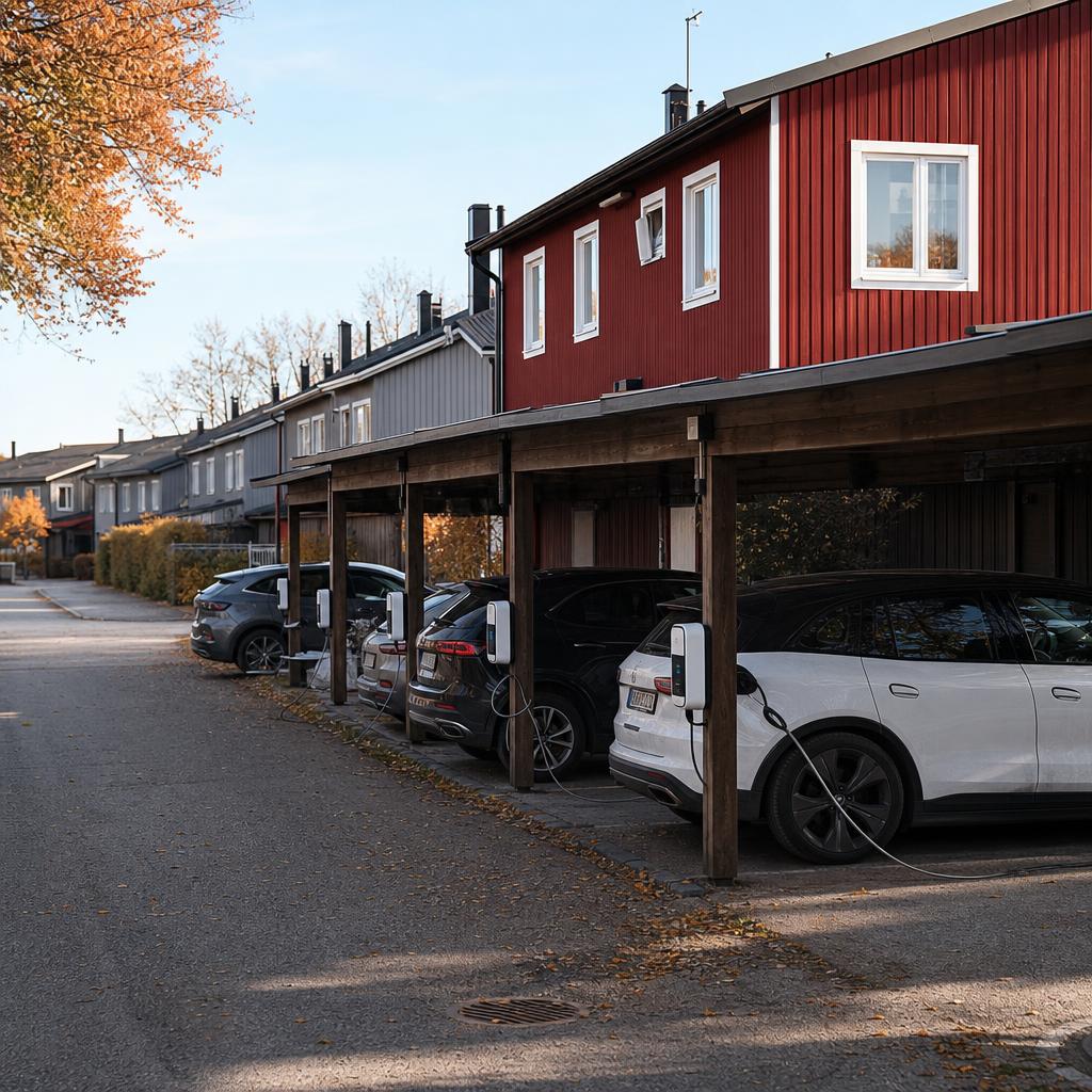 Svenskt radhusområde i solnedgången med rad av laddboxar utmed staketet och parkerade elbilar